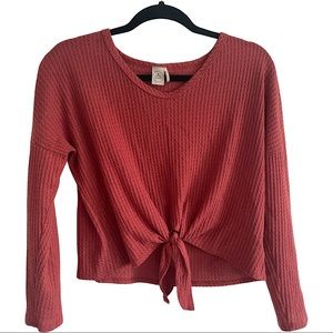 Coral paper crane women’s tie front ribbed scoop neck sweater